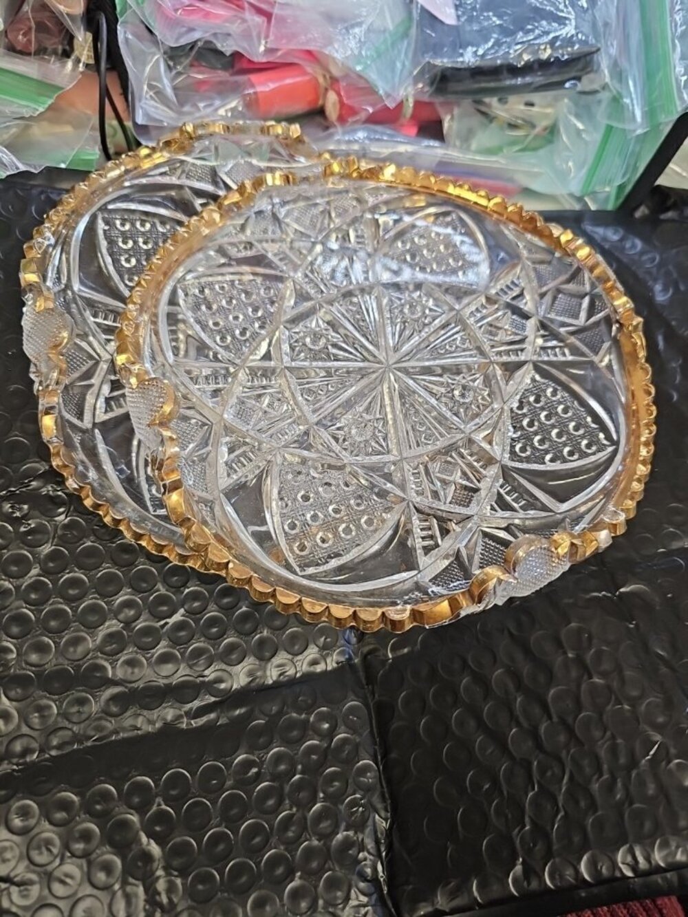 Pressed Glass Dish Lot Of 2 Set Gold Edges
